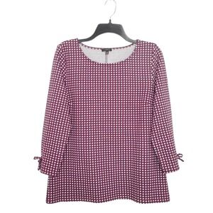 Talbots Womens Top M Red White Check Jacquard 3/4 Sleeve Bows Casual‎ Office